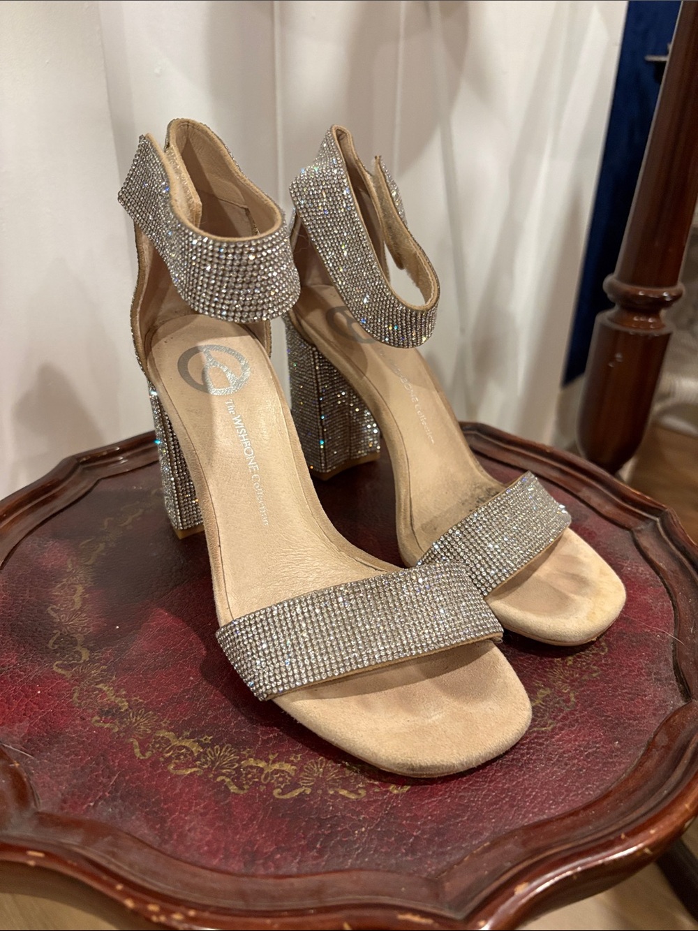 Embellished Silver Block Heel Sandals with Ankle Strap